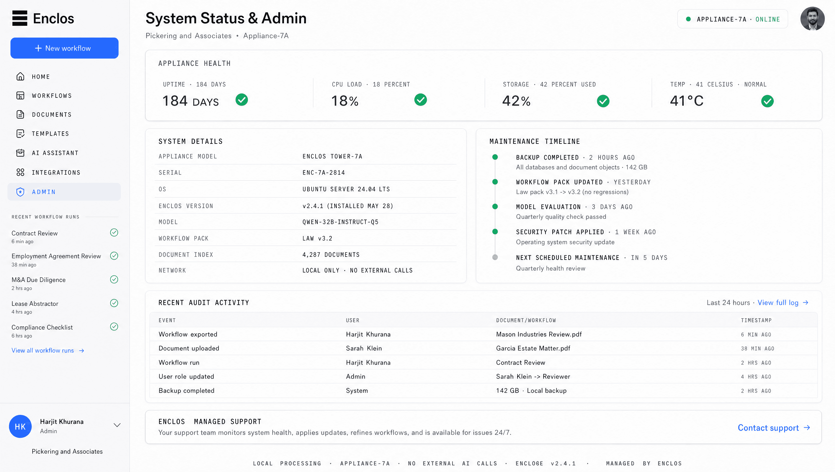 The Enclos system status dashboard showing health metrics and managed updates