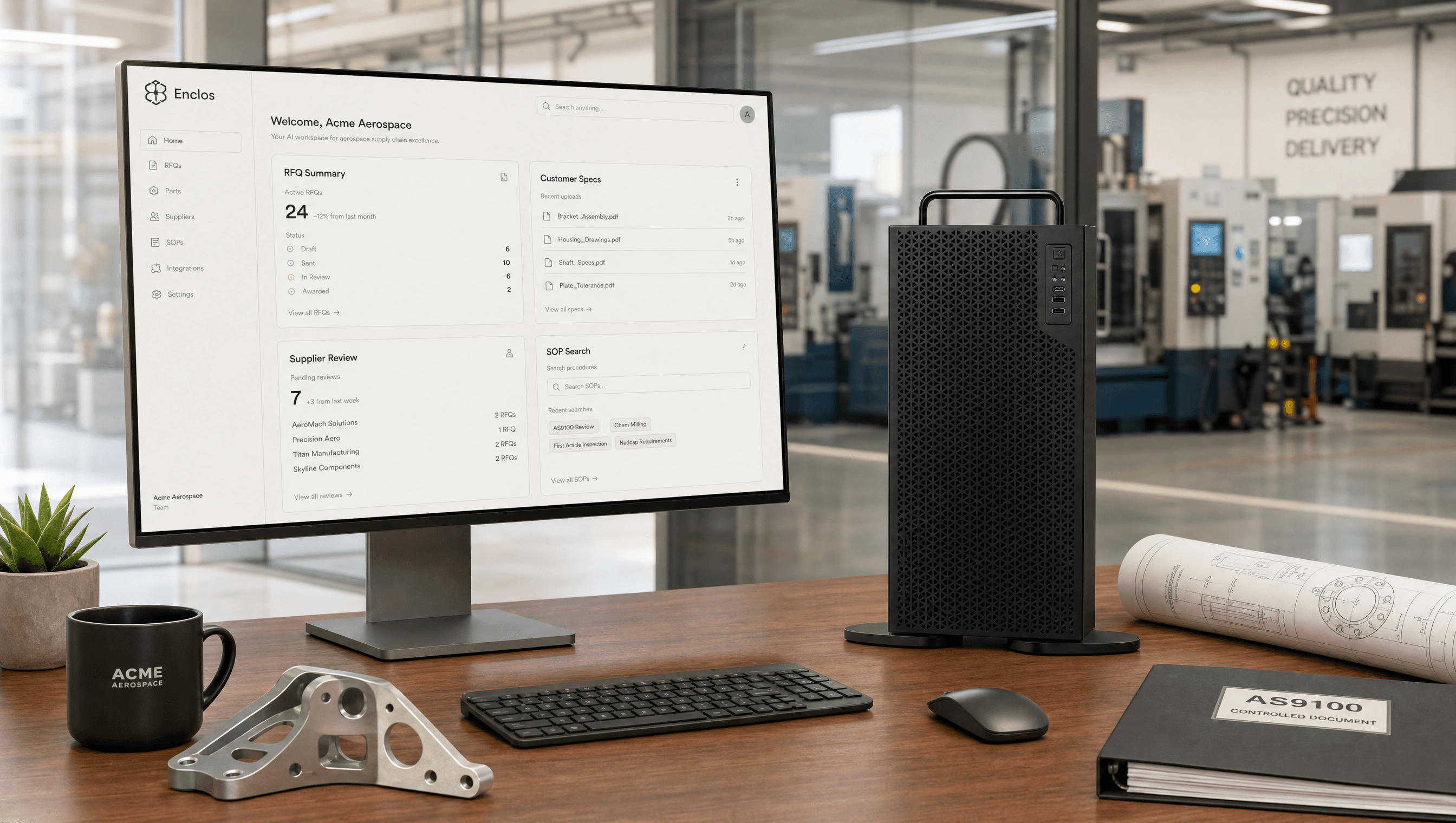 The Enclos appliance beside a laptop running the Enclos workspace for a defense supplier