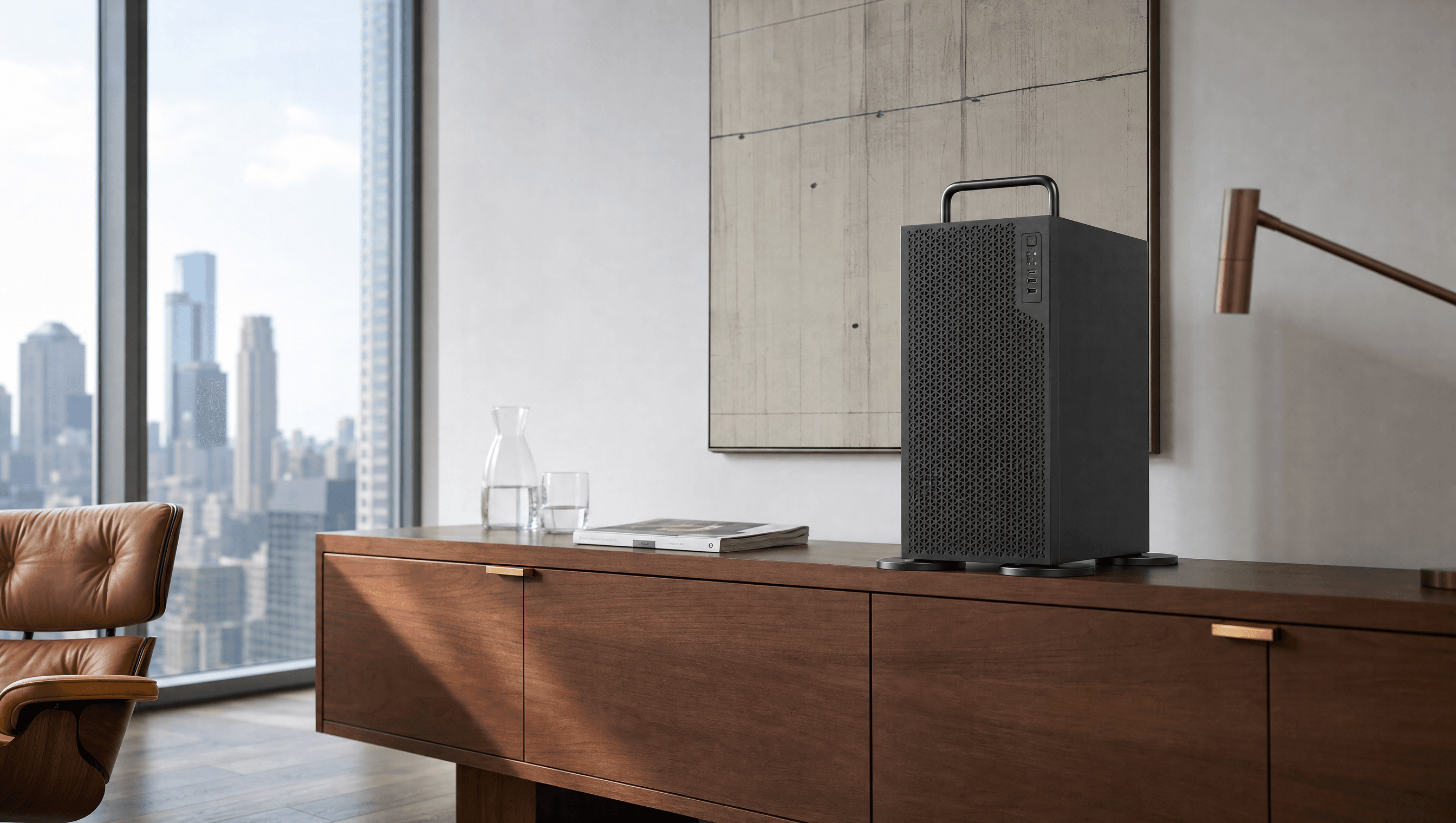 The Enclos appliance newly placed on a walnut credenza in a modern office
