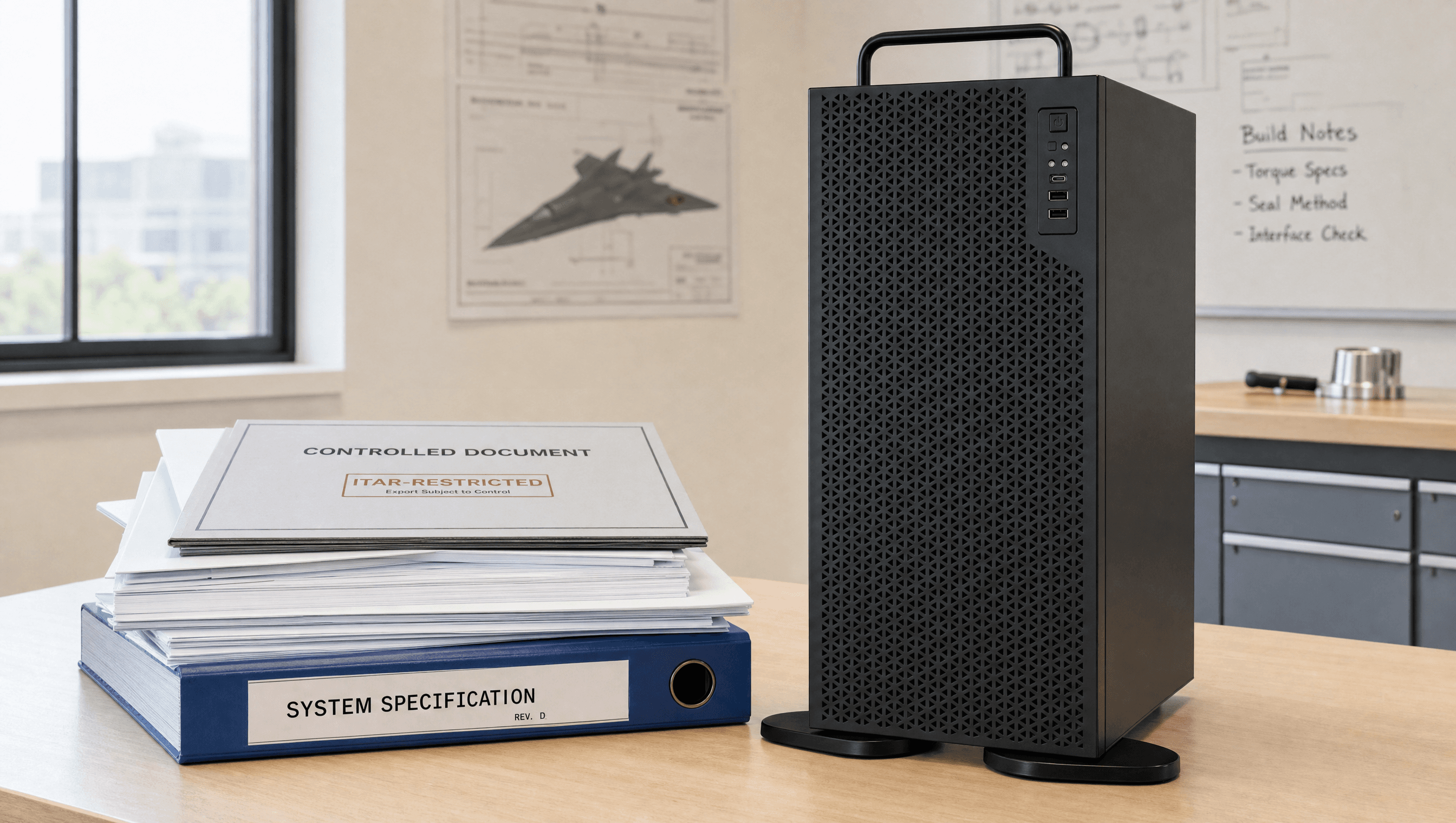 Engineering drawings and a system specification binder beside the Enclos appliance