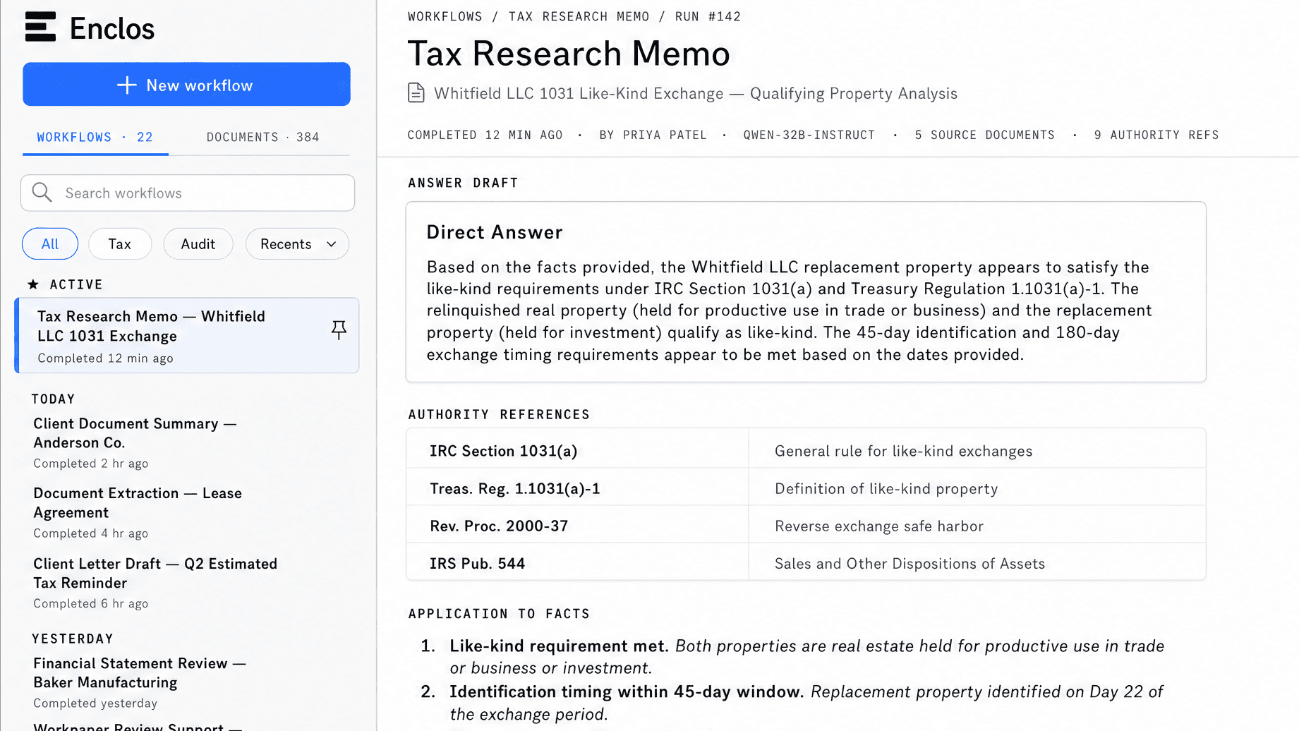 A completed SOP and quality answer in the Enclos workspace with the procedure and source excerpts