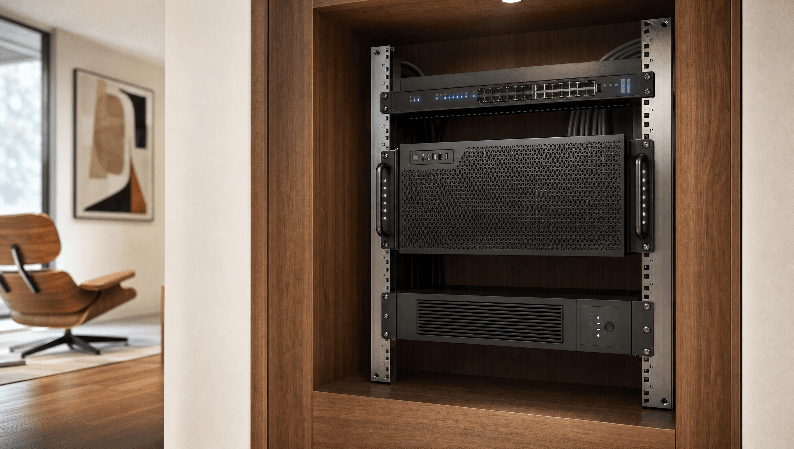 The Enclos rackmount appliance integrated into an office alcove