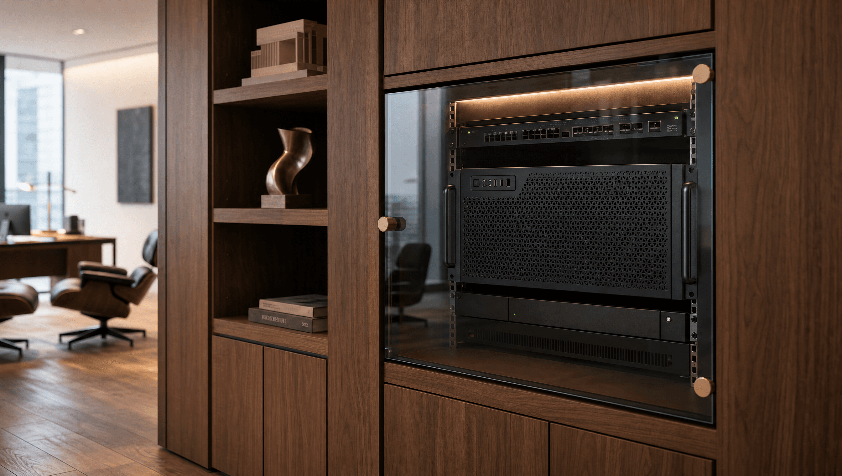 The Enclos appliance installed in a glass-front cabinet integrated into custom walnut millwork